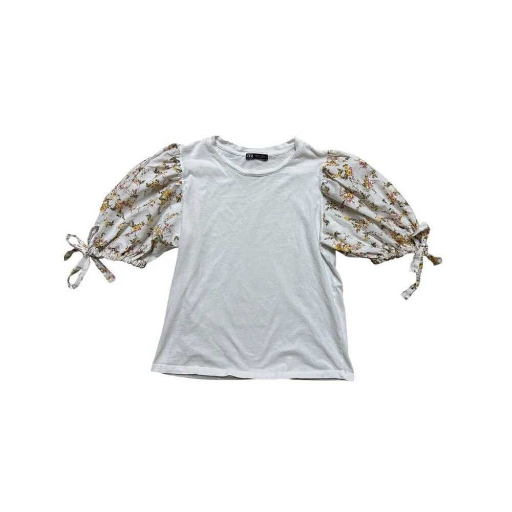 Zara Floral Puff Sleeve Top Medium White Cottagecore Tie Sleeve Blouse